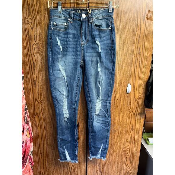 Indigo Rein High Rise * Crop * Raw Hem * distressed jeans Sz 1 NWT ￼ - Picture 1 of 11